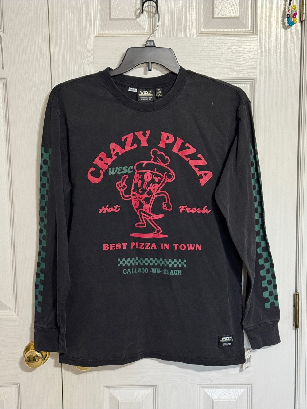 WESC Black Long Sleeve 'Crazy Pizza' Graphic Tee with Red & Green Accents